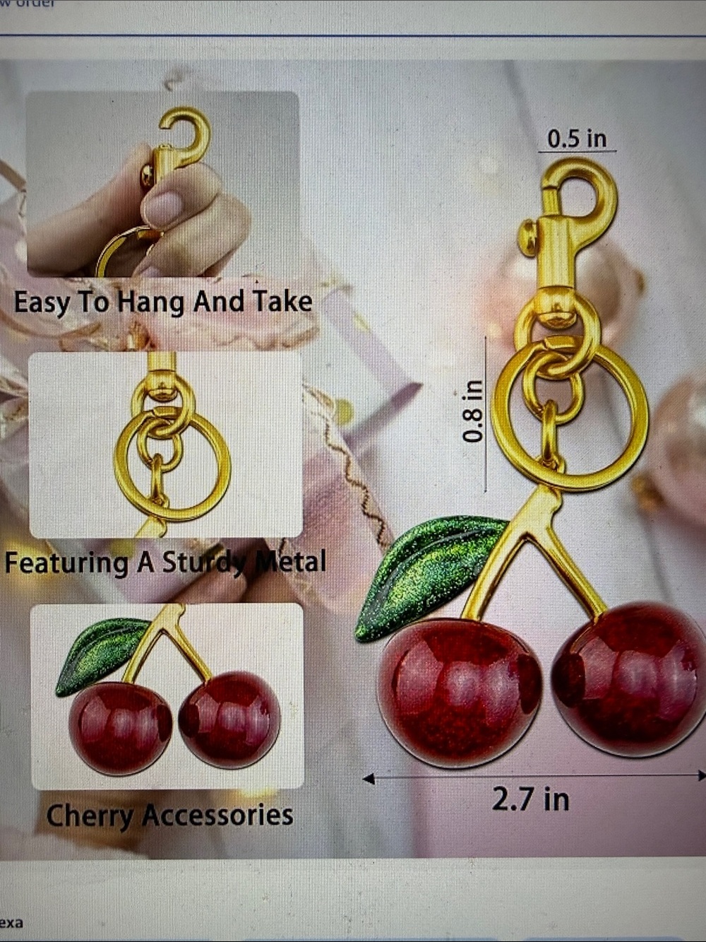 Gold Cherry Keychain with Sparkling Red Charms - Picture 3 of 3